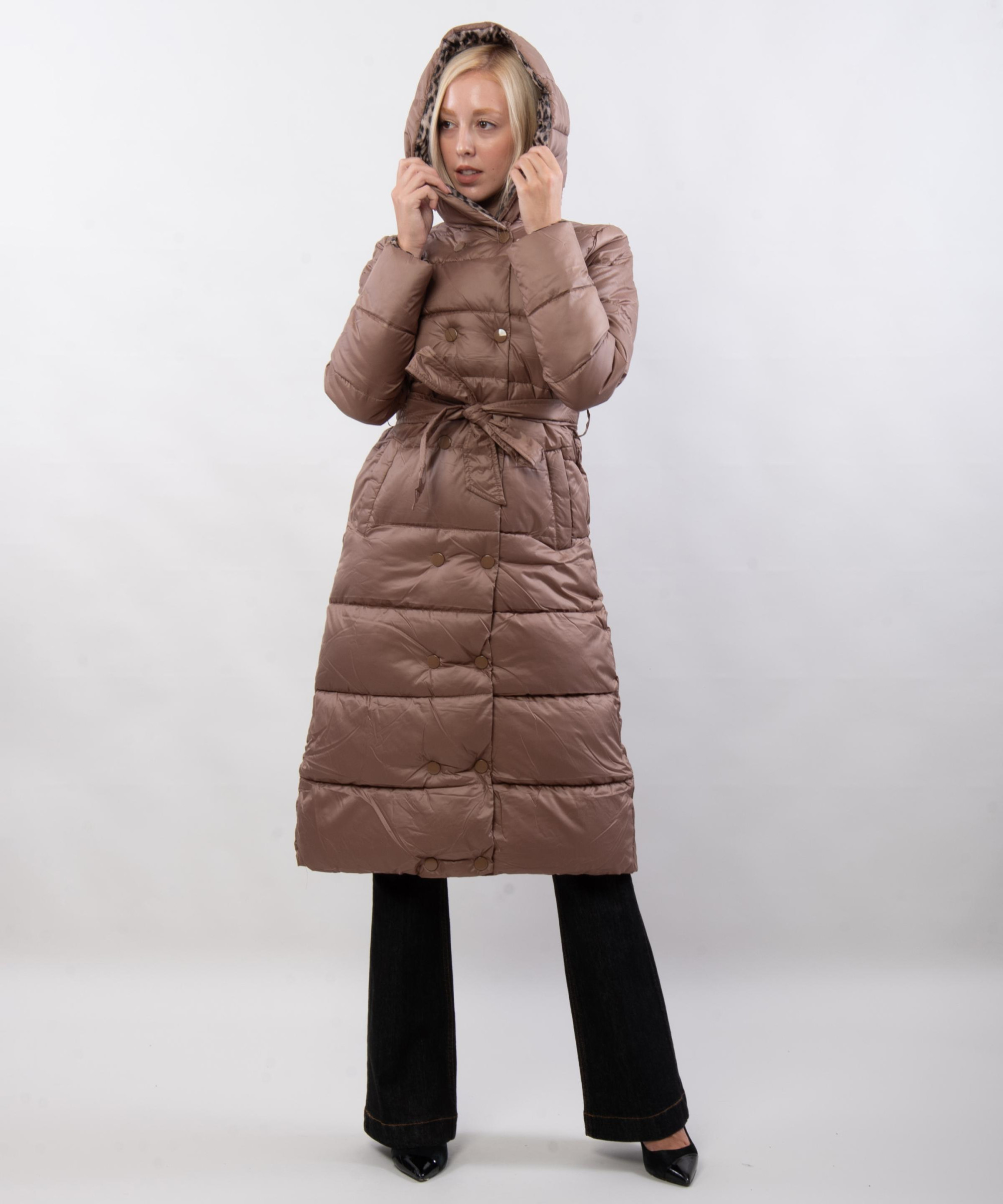 giubbotto lungo maculato reversibile con cappuccio