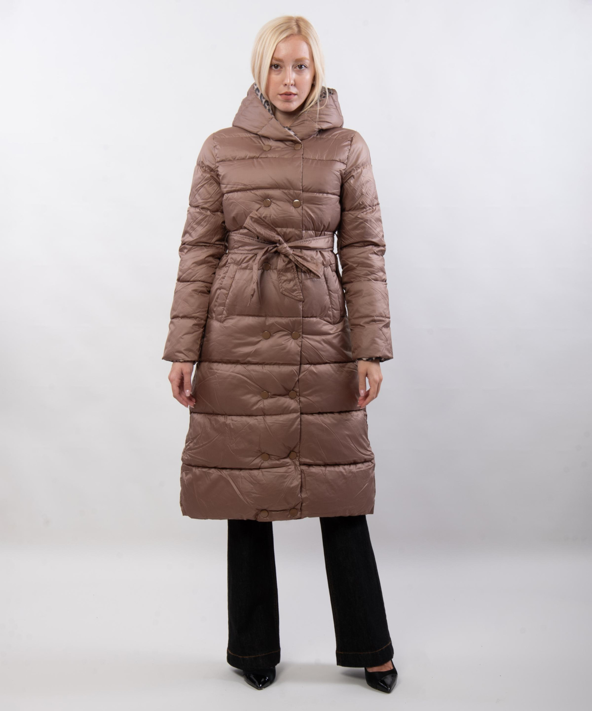 giubbotto lungo maculato reversibile con cappuccio