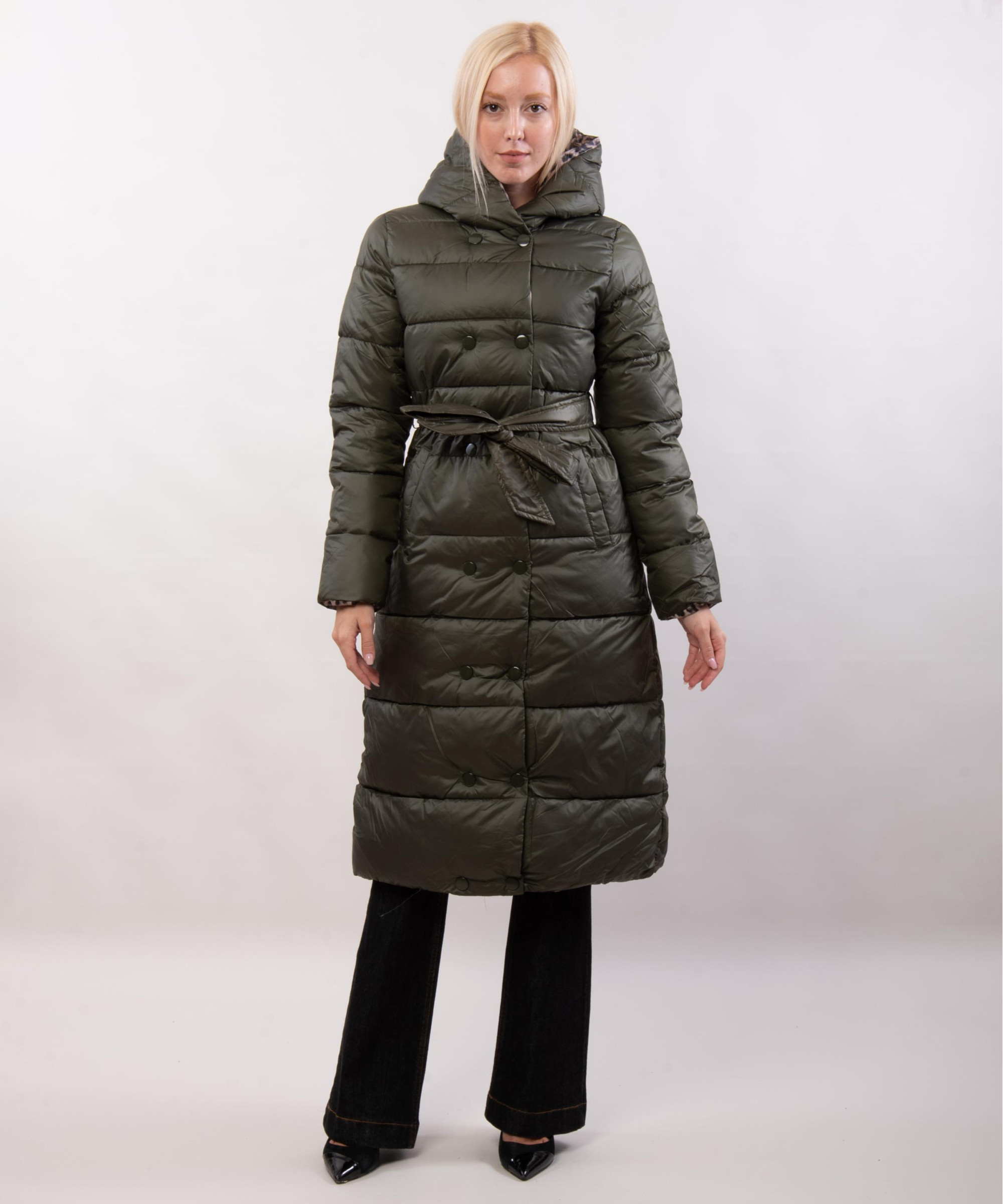 giubbotto lungo maculato reversibile con cappuccio