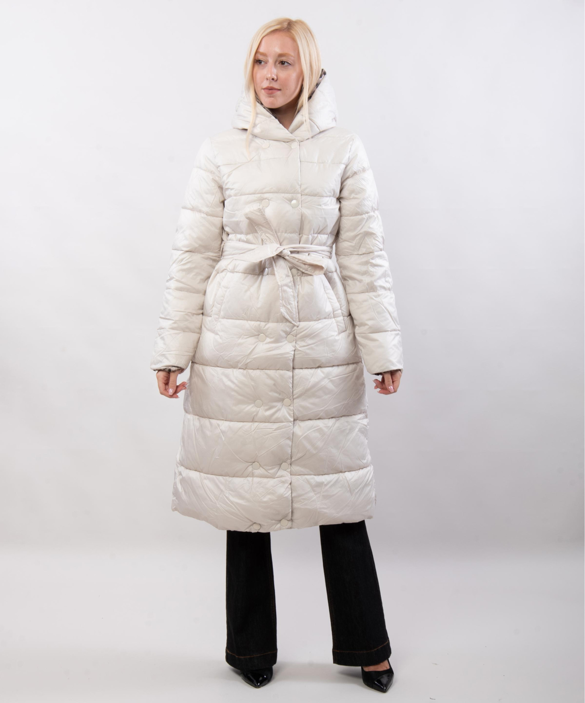 giubbotto lungo maculato reversibile con cappuccio