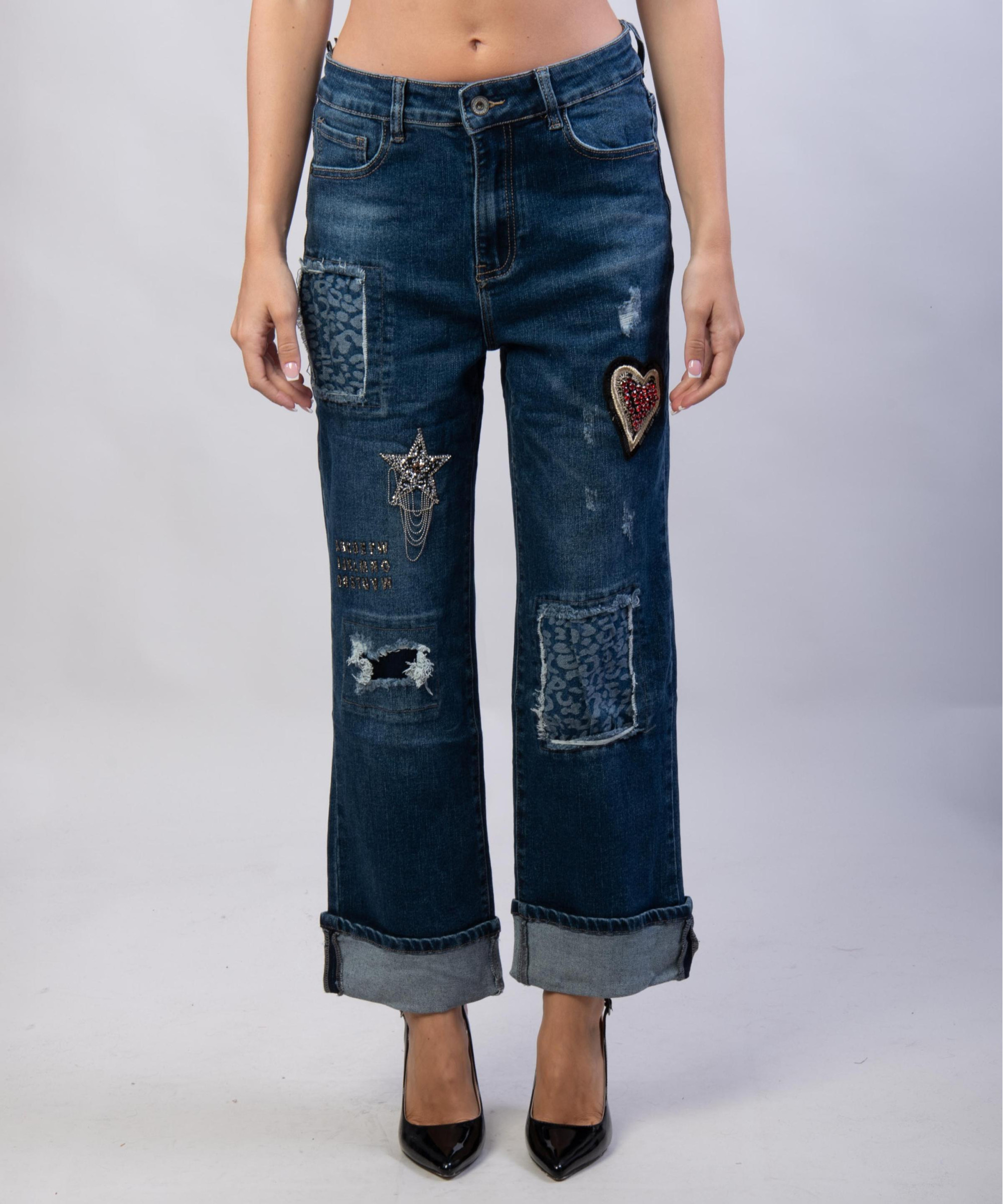 Pantaloni Jeans Dritti con Patchwork
