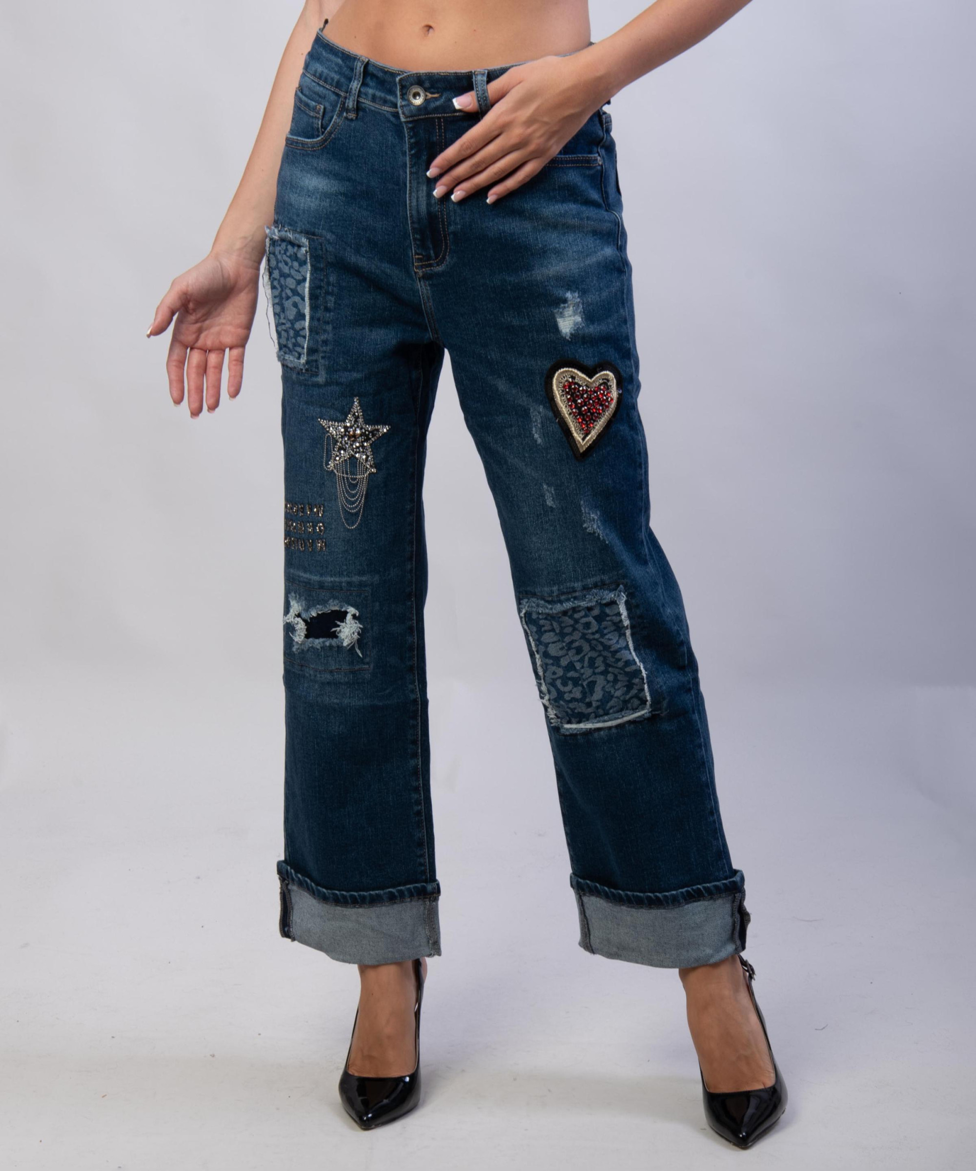 Pantaloni Jeans Dritti con Patchwork